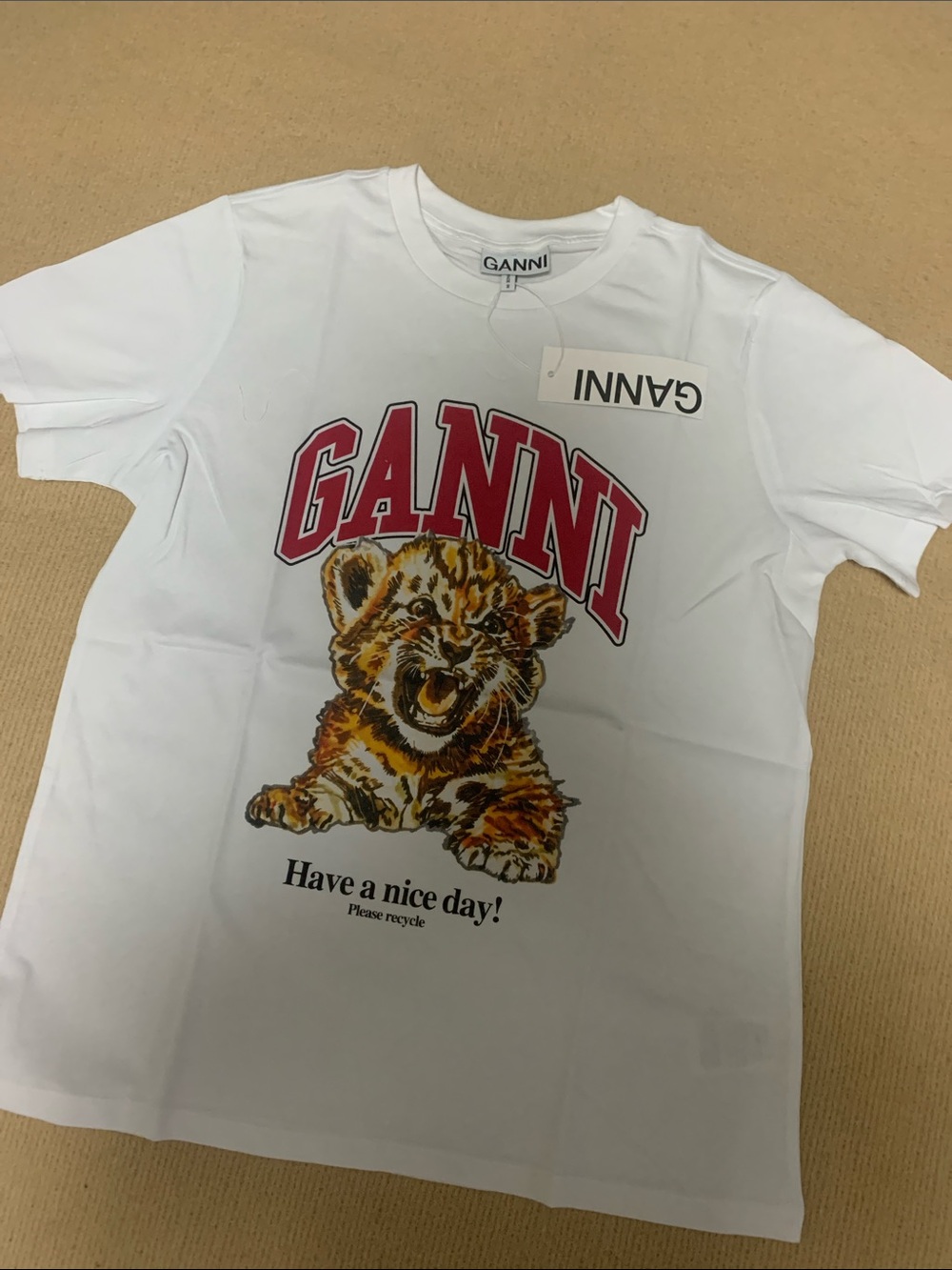 White Graphic Tee Ganni Letter Baby Tiger Print short sleeve Crew Neck casual